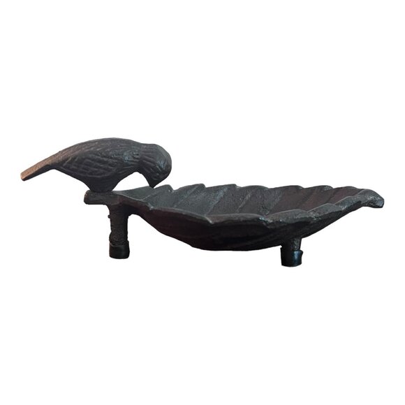 Cast Iron Bird on Leaf Feeder Dish Tabletop Decoration Footed Heavy Rustic - Picture 4 of 7